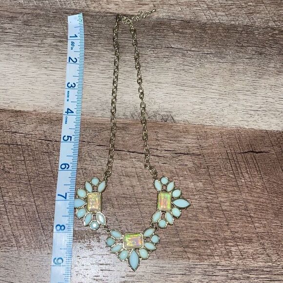 Opalescent Three Large Clusters Rhinestone Chain Statement Necklace Blue Gold To - Picture 5 of 5